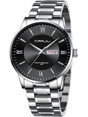 Men's Silver Black Luxury Stainless Steel Chronograph Analog Quartz Round Watch